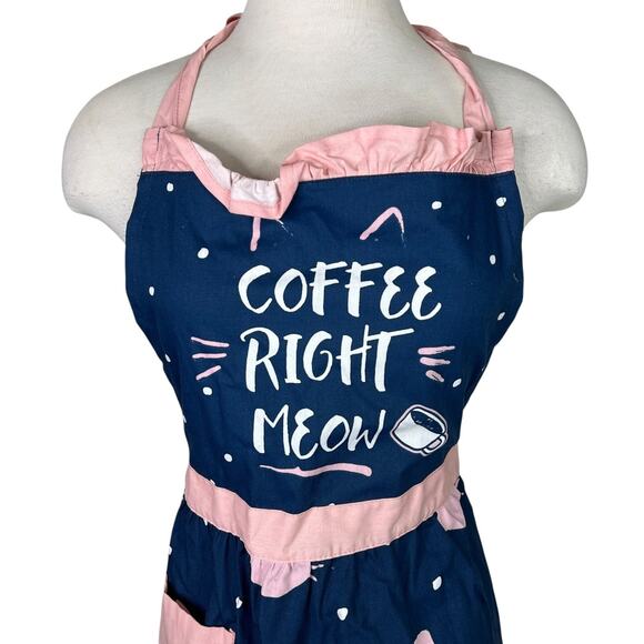 Pantry Cats Coffee Right Meow Pinafore Full Apron Navy Blue Pink OS One Size - Picture 3 of 5